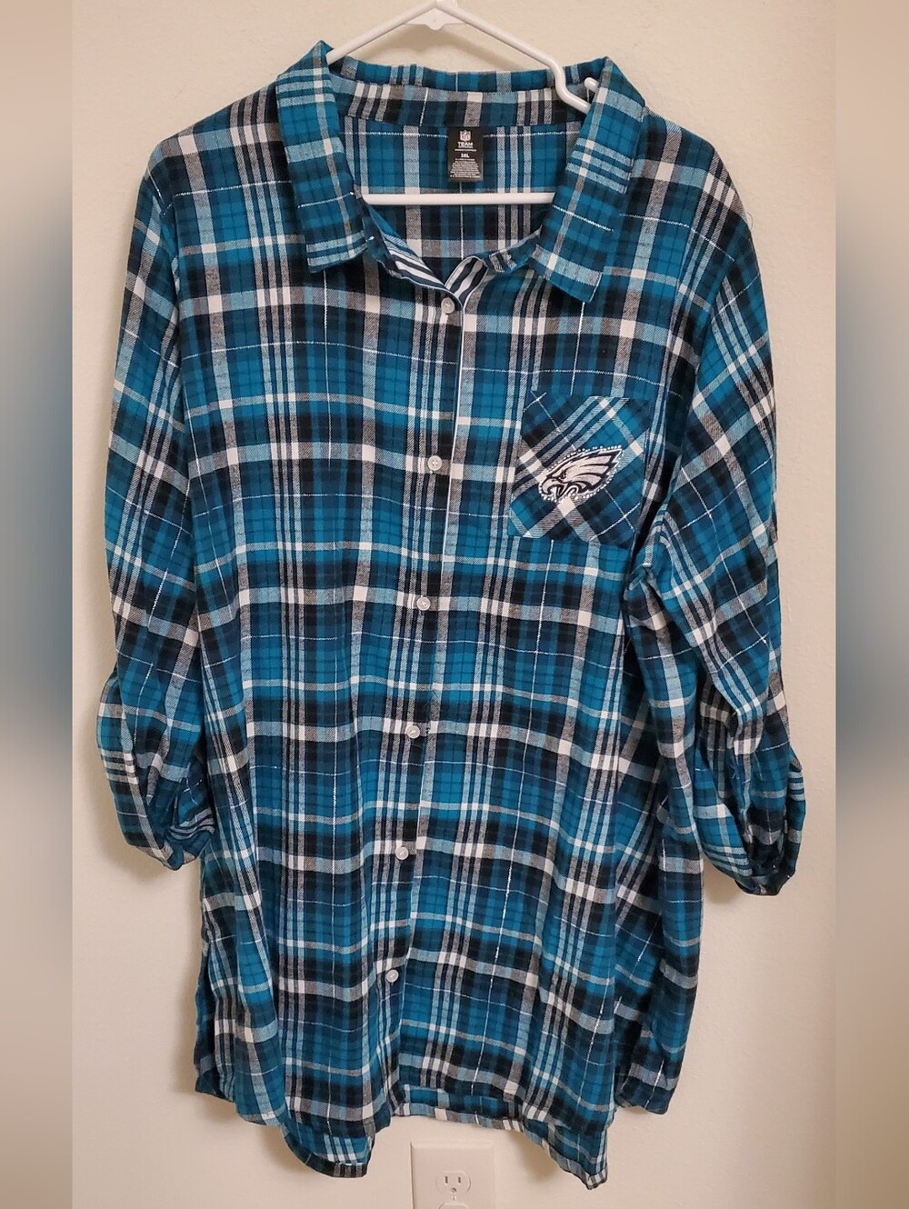 NFL Philadelphia Eagles Teal and Black Plaid Flannel Sleep Shirt 3X